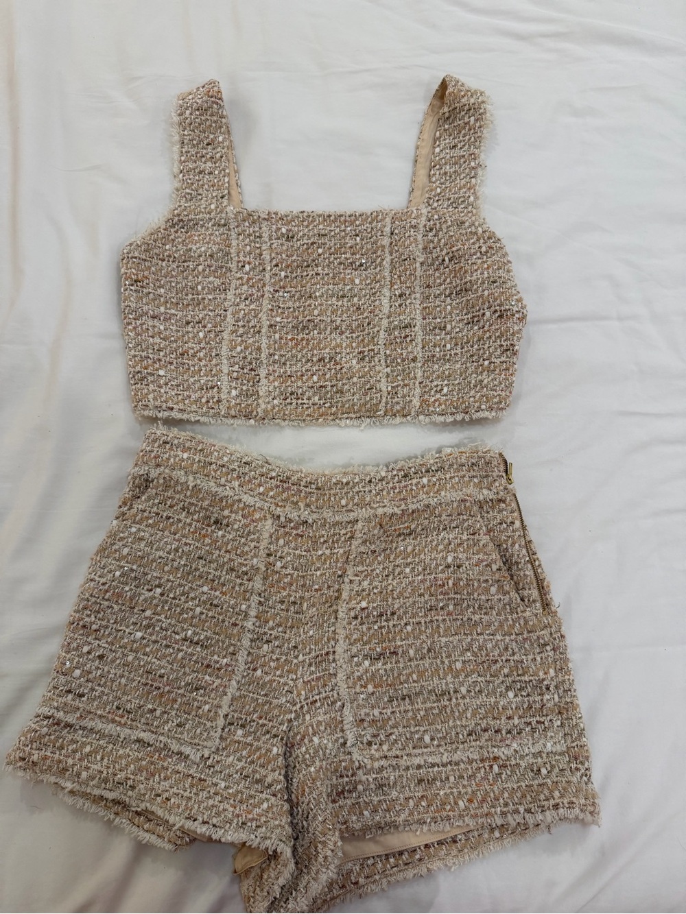 Ramy Brook Neutral Tweed Crop Top and Shorts Set